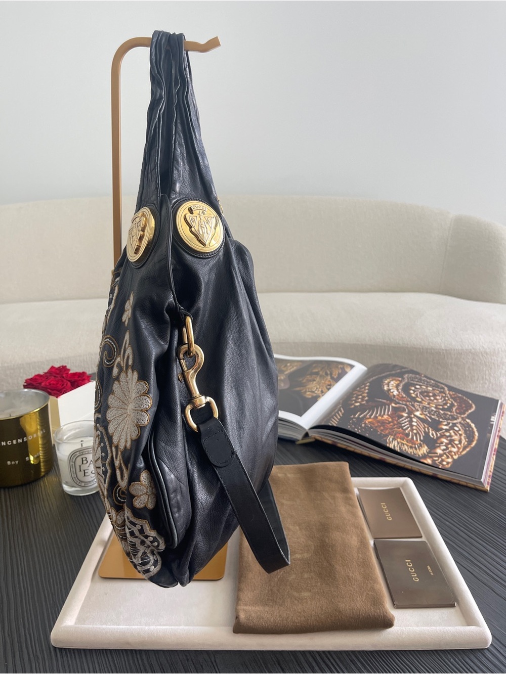 Gucci Hysteria Large Hobo Bag Black Leather Floral Embroidered Vintage $4500 - Picture 13 of 17